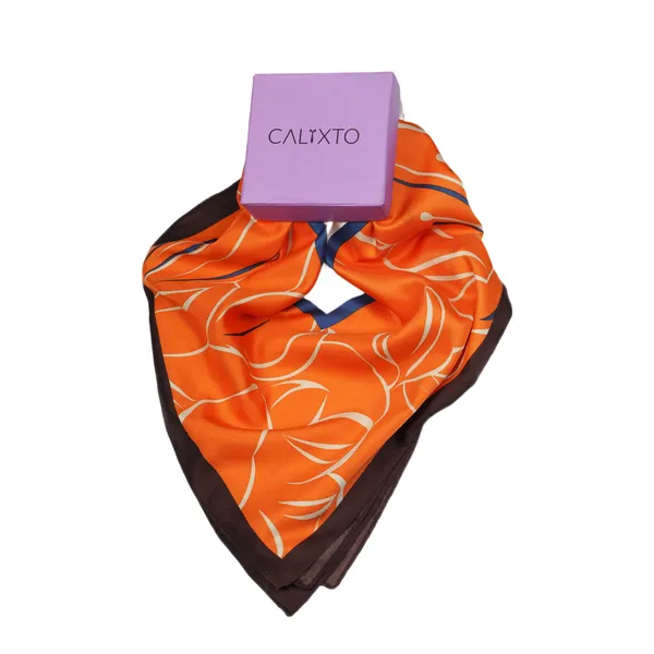 Calixto_Luxury_Silk_Satin_Scarf_for_Women_–_Elegant_Floral_Print_Square_Neck_Scarf,_Headscarf_&_Shawl,_35_x_35_Inches_(Orange_&_White)