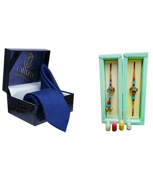 Calixto_Men's_Microfibre_Strips_Designer_Necktie_With_Pocket_Square_(Leatharite_Gift_Box)_with_Designer_Naksh_Rakhi