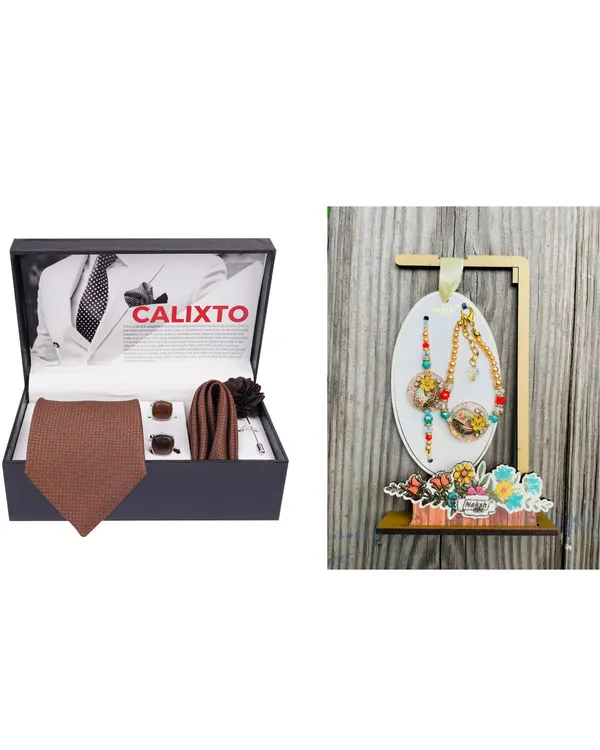 Mens_Microfiber_Necktie_Gift_Set_with_Designer_Naksh_Rakhi_Criss_Cross_Black_Tie,_Pocket_Square,_Cufflinks,_Brooch_&_Leather_Box