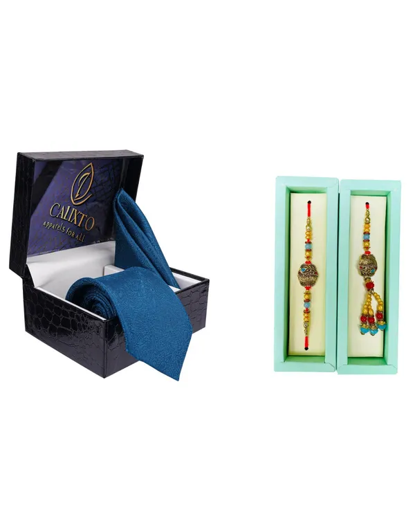 Calixto_Men's_Microfibre_Strips_Designer_Necktie_With_Pocket_Square_(Leatharite_Gift_Box)_with_Designer_Naksh_Rakhi