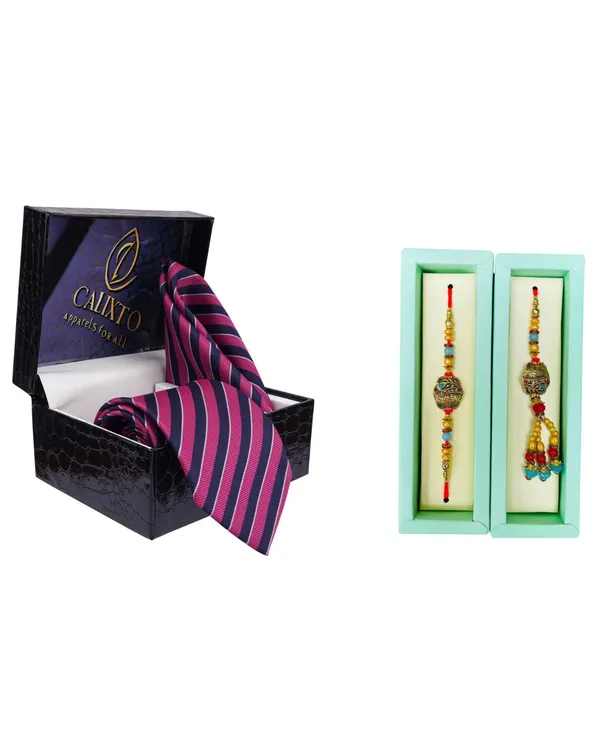 Calixto_Men's_Microfibre_Strips_Designer_Necktie_With_Pocket_Square_(Leatharite_Gift_Box)_with_Designer_Naksh_Rakhi