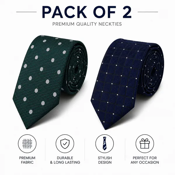 Premium_Men's_Formal_Tie_Combo_Pack_of_2_–_Dark_Green_White_Polka_Dot_&_Navy_Blue_Windowpane_Checked_Woven_Neckties_|_Luxury_Business_Office_Wedding_Party_Neck_Tie_Gift_Set_for_Men