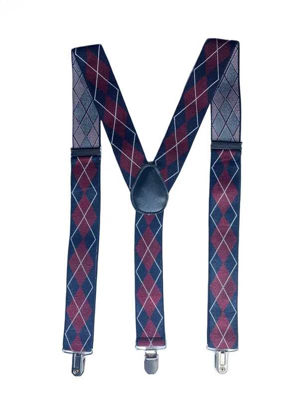 Mens_Adjustable_Y-Back_Suspenders__Wide_Clip-On_Elastic_Braces_with_Heavy-Duty_Metal_Clips,_Navy_Blue_&_Burgundy_Argyle_Diamond_Pattern__Classic_Suspenders_for_Pants,_Business,_Wedding,_Formal_&_Casual_Outfits