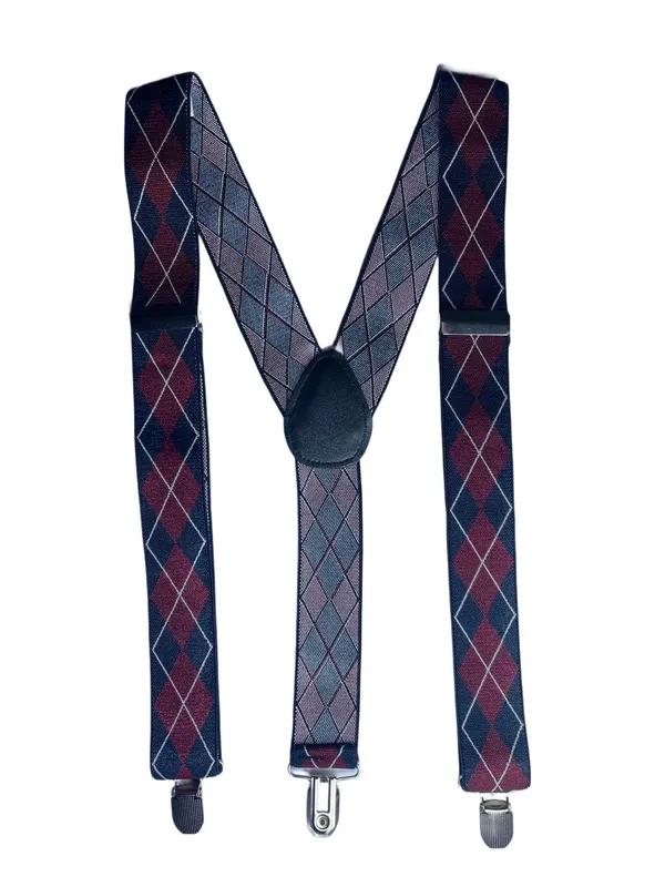 Mens_Adjustable_Y-Back_Suspenders__Wide_Clip-On_Elastic_Braces_with_Heavy-Duty_Metal_Clips,_Navy_Blue_&_Burgundy_Argyle_Diamond_Pattern__Classic_Suspenders_for_Pants,_Business,_Wedding,_Formal_&_Casual_Outfits
