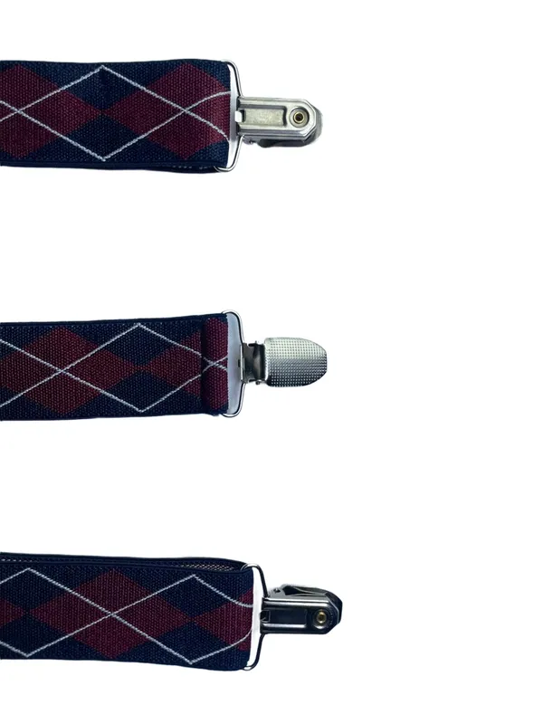 Mens_Adjustable_Y-Back_Suspenders__Wide_Clip-On_Elastic_Braces_with_Heavy-Duty_Metal_Clips,_Navy_Blue_&_Burgundy_Argyle_Diamond_Pattern__Classic_Suspenders_for_Pants,_Business,_Wedding,_Formal_&_Casual_Outfits
