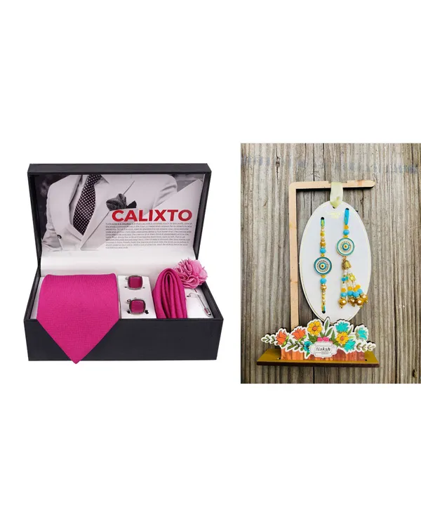 Mens_Microfiber_Necktie_Gift_Set_with_Designer_Naksh_Rakhi_Criss_Cross_Black_Tie,_Pocket_Square,_Cufflinks,_Brooch_&_Leather_Box