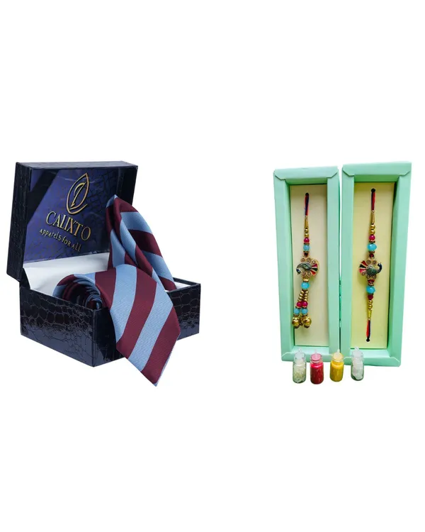 Calixto_Men's_Microfibre_Strips_Designer_Necktie_With_Pocket_Square_(Leatharite_Gift_Box)_with_Designer_Naksh_Rakhi