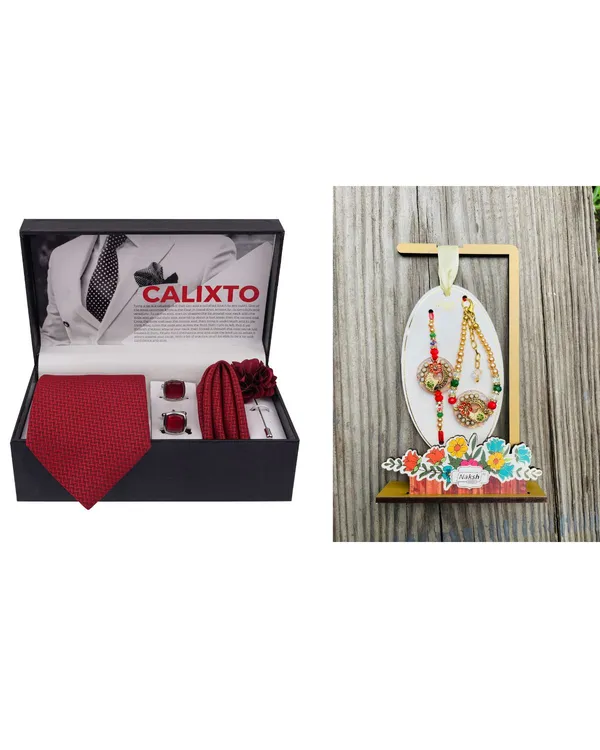 Mens_Microfiber_Necktie_Gift_Set_with_Designer_Naksh_Rakhi_Criss_Cross_Black_Tie,_Pocket_Square,_Cufflinks,_Brooch_&_Leather_Box