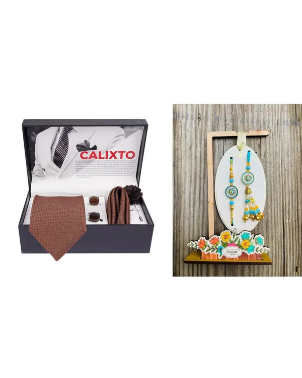 Mens_Microfiber_Necktie_Gift_Set_with_Designer_Naksh_Rakhi_Criss_Cross_Black_Tie,_Pocket_Square,_Cufflinks,_Brooch_&_Leather_Box