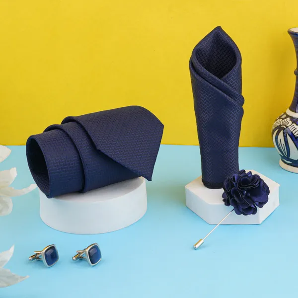 Mens_Microfiber_Necktie_Gift_Set_with_Designer_Naksh_Rakhi_Criss_Cross_Black_Tie,_Pocket_Square,_Cufflinks,_Brooch_&_Leather_Box