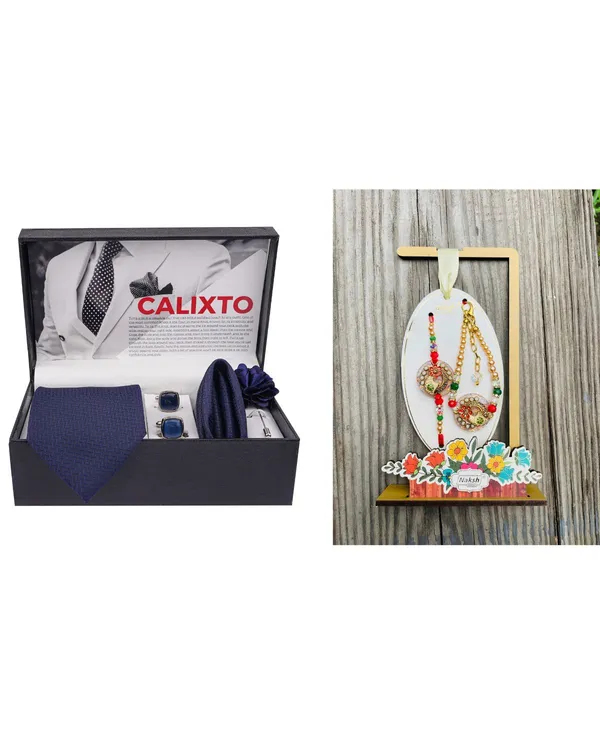 Mens_Microfiber_Necktie_Gift_Set_with_Designer_Naksh_Rakhi_Criss_Cross_Black_Tie,_Pocket_Square,_Cufflinks,_Brooch_&_Leather_Box