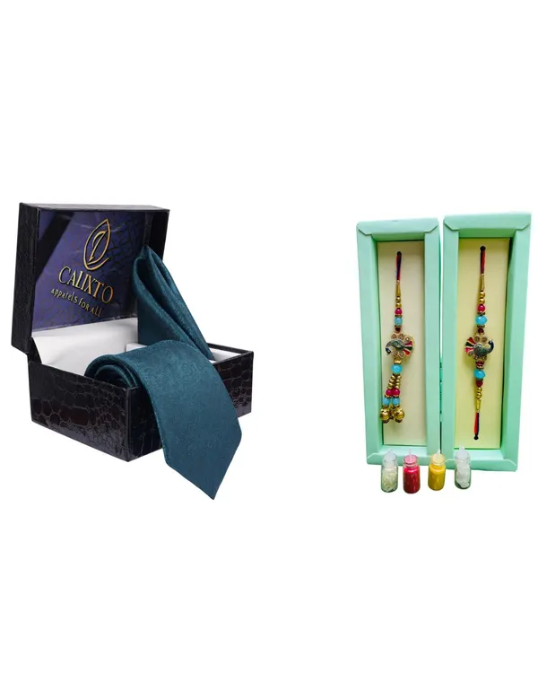 Calixto_Men's_Microfibre_Strips_Designer_Necktie_With_Pocket_Square_(Leatharite_Gift_Box)_with_Designer_Naksh_Rakhi