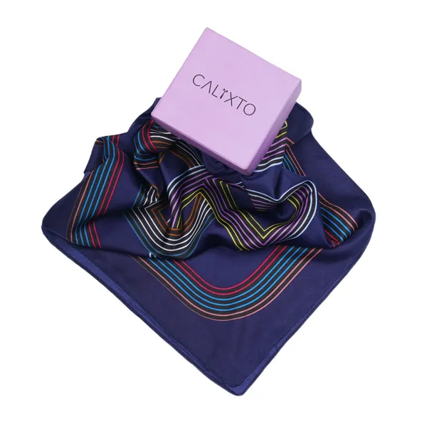 Calixto_Luxurious_Satin_Silk_Feel_Square_Scarf_for_Women_|_90x90_cm_|_Elegant_Navy_Blue_with_Multicolor_Geometric_Print_|_Versatile_for_Neck,_Head,_or_Handbag_Accessory