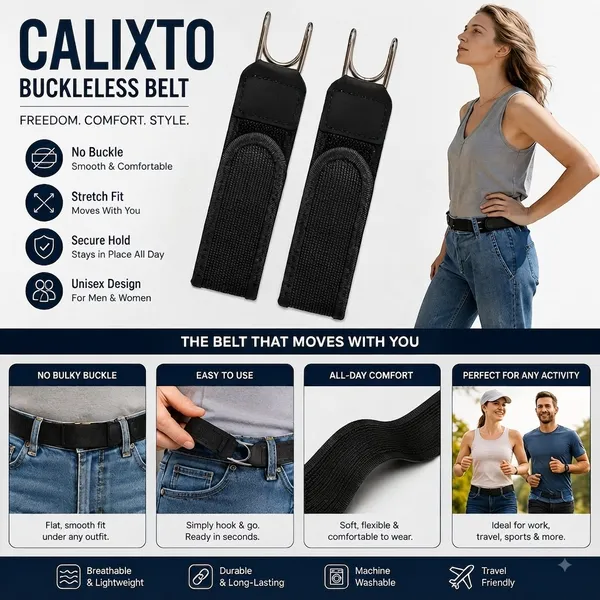 CALIXTO_Buckleless_Belt_for_Men_&_Women_–_Stretch_Fit_No_Buckle_Elastic_Waist_Belt,_Comfortable_Breathable_Lightweight_Belt_for_Jeans,_Pants_&_Travel,_Secure_Hold,_Machine_Washable,_Unisex_Design