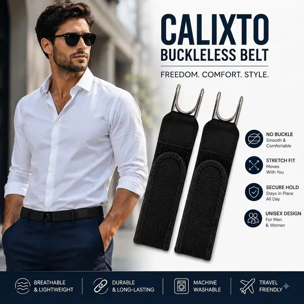 CALIXTO_Buckleless_Belt_for_Men_&_Women_–_Stretch_Fit_No_Buckle_Elastic_Waist_Belt,_Comfortable_Breathable_Lightweight_Belt_for_Jeans,_Pants_&_Travel,_Secure_Hold,_Machine_Washable,_Unisex_Design