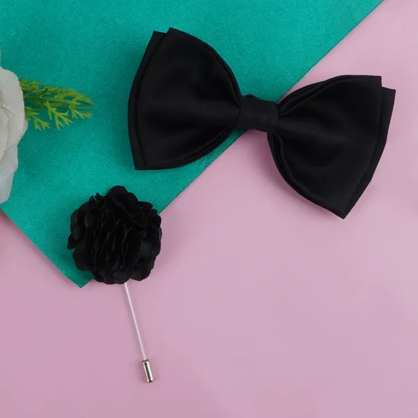 Black_Double_Layer_Pre-Tied_Bow_With_Lapel_Pin__for_Men,_Classic_Solid_Color_Satin_Fabric_Bow_Tie,_Adjustable_Length_Clip,_Formal_Bow