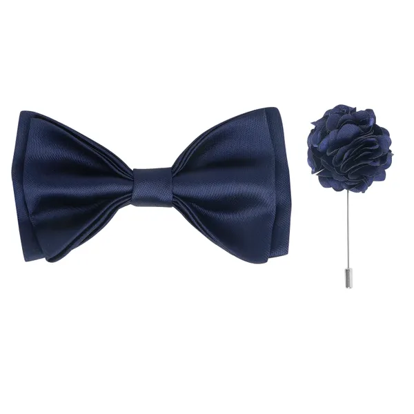 Dark_Blue_Double_Layer_Pre-Tied_Bow_With_Lapel_Pin__for_Men,_Classic_Solid_Color_Satin_Fabric_Bow_Tie,_Adjustable_Length_Clip,_Formal_Bow