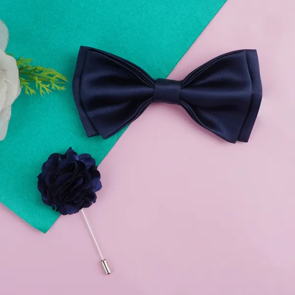 Dark_Blue_Double_Layer_Pre-Tied_Bow_With_Lapel_Pin__for_Men,_Classic_Solid_Color_Satin_Fabric_Bow_Tie,_Adjustable_Length_Clip,_Formal_Bow