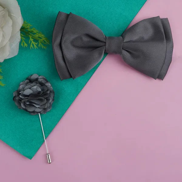 Grey_Elegant_Double_Layer_Bow_Pre-Tied_Bow_And_Lapel_Pin_for_Men,_Classic_Solid_Color_100%_Polyester_Micro_Fabric_Bow_Tie,_Adjustable_Length_Clip
