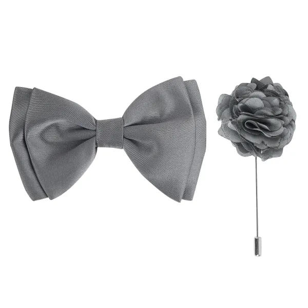 Grey_Elegant_Double_Layer_Bow_Pre-Tied_Bow_And_Lapel_Pin_for_Men,_Classic_Solid_Color_100%_Polyester_Micro_Fabric_Bow_Tie,_Adjustable_Length_Clip