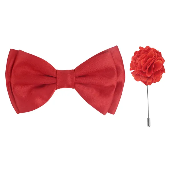 Red_Elegant_Double_Layer_Bow_Pre-Tied_Bow_And_Lapel_Pin_for_Men,_Classic_Solid_Color_100%_Polyester_Micro_Fabric_Bow_Tie,_Adjustable_Length_Clip
