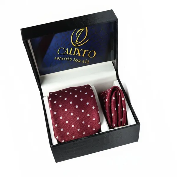 Calixto_Men’s_Burgundy_Polka_Dot_Tie_and_Pocket_Square_Gift_Set_with_Premium_Gift_Box_–_Classic_Woven_Necktie_Hanky_Set_for_Wedding,_Business,_Party,_Formal_Events