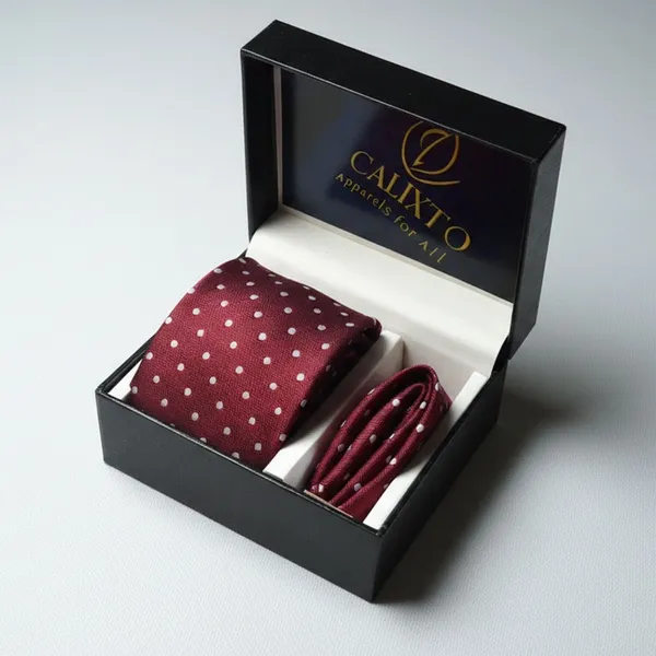 Calixto_Men’s_Burgundy_Polka_Dot_Tie_and_Pocket_Square_Gift_Set_with_Premium_Gift_Box_–_Classic_Woven_Necktie_Hanky_Set_for_Wedding,_Business,_Party,_Formal_Events