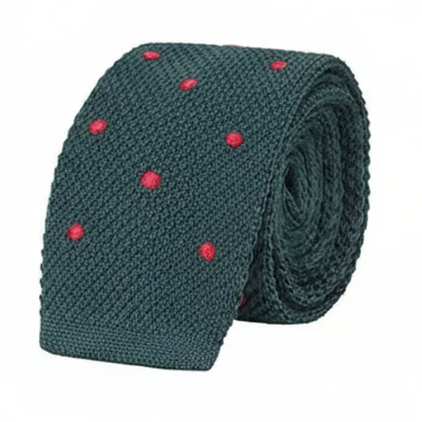 Calixto_Men’s_Knit_Tie_–_Textured_Slim_Necktie_with_Polka_Dots_–_Premium_Woven_Casual_Tie_for_Business,_Wedding_&_Formal_Wear_(Green_with_Red_Dots)