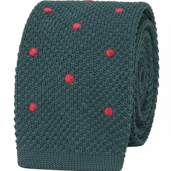 Calixto_Men’s_Knit_Tie_–_Textured_Slim_Necktie_with_Polka_Dots_–_Premium_Woven_Casual_Tie_for_Business,_Wedding_&_Formal_Wear_(Green_with_Red_Dots)