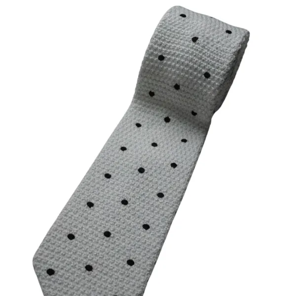 Calixto_Men's_Knitted_Necktie,_White_with_Black_Polka_Dot_Pattern,_Slim_Square_End_Tie