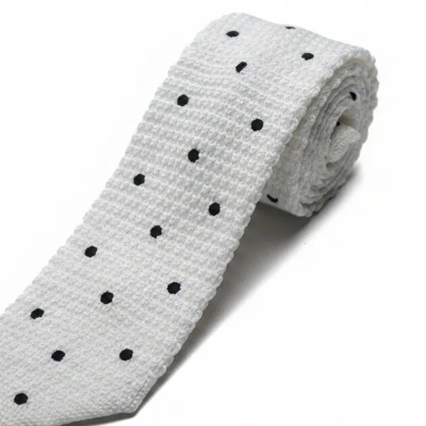 Calixto_Men's_Knitted_Necktie,_White_with_Black_Polka_Dot_Pattern,_Slim_Square_End_Tie