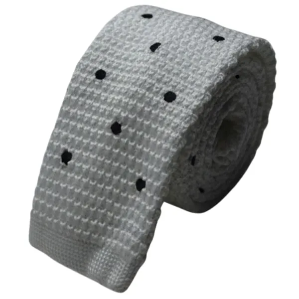 Calixto_Men's_Knitted_Necktie,_White_with_Black_Polka_Dot_Pattern,_Slim_Square_End_Tie