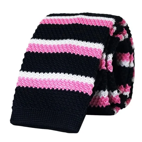 Calixto_Men’s_Knitted_Tie_–_Black_Slim_Knit_Necktie_with_Pink_&_White_Stripes,_Handmade_Skinny_Tie_for_Business,_Wedding,_Party_&_Casual_Wear