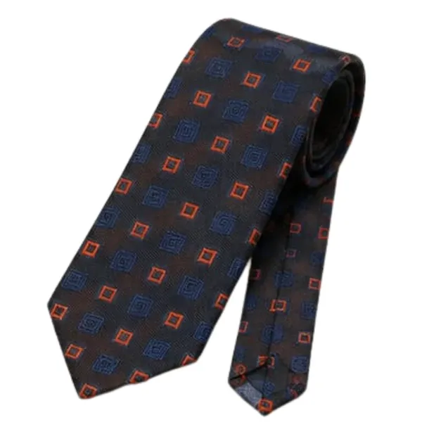 Calixto_Men’s_Luxury_Necktie_and_Pocket_Square_Set_–_Dark_Brown_Silk_Feel_Tie_with_Navy_Blue_&_Orange_Geometric_Square_Pattern_–_Classic_Business_Wedding_Party_Formal_Neck_Tie_Hanky_Set_for_Men