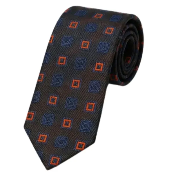 Calixto_Men’s_Luxury_Necktie_and_Pocket_Square_Set_–_Dark_Brown_Silk_Feel_Tie_with_Navy_Blue_&_Orange_Geometric_Square_Pattern_–_Classic_Business_Wedding_Party_Formal_Neck_Tie_Hanky_Set_for_Men