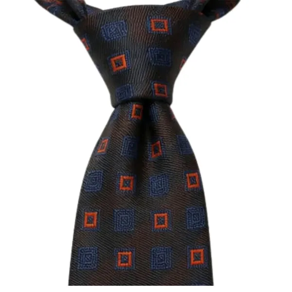 Calixto_Men’s_Luxury_Necktie_and_Pocket_Square_Set_–_Dark_Brown_Silk_Feel_Tie_with_Navy_Blue_&_Orange_Geometric_Square_Pattern_–_Classic_Business_Wedding_Party_Formal_Neck_Tie_Hanky_Set_for_Men