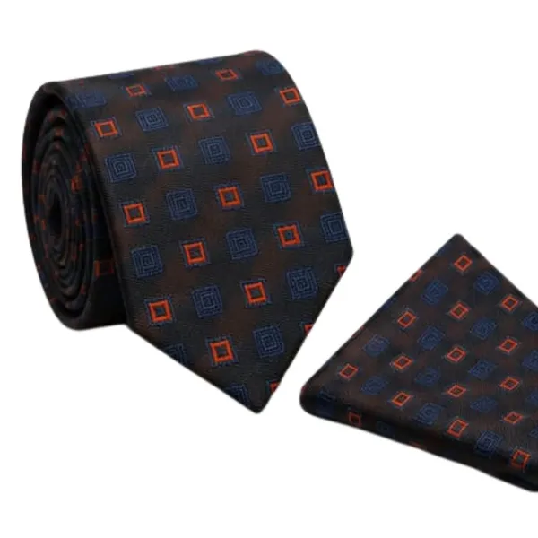 Calixto_Men’s_Luxury_Necktie_and_Pocket_Square_Set_–_Dark_Brown_Silk_Feel_Tie_with_Navy_Blue_&_Orange_Geometric_Square_Pattern_–_Classic_Business_Wedding_Party_Formal_Neck_Tie_Hanky_Set_for_Men