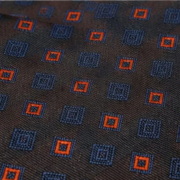 Calixto_Men’s_Luxury_Necktie_and_Pocket_Square_Set_–_Dark_Brown_Silk_Feel_Tie_with_Navy_Blue_&_Orange_Geometric_Square_Pattern_–_Classic_Business_Wedding_Party_Formal_Neck_Tie_Hanky_Set_for_Men