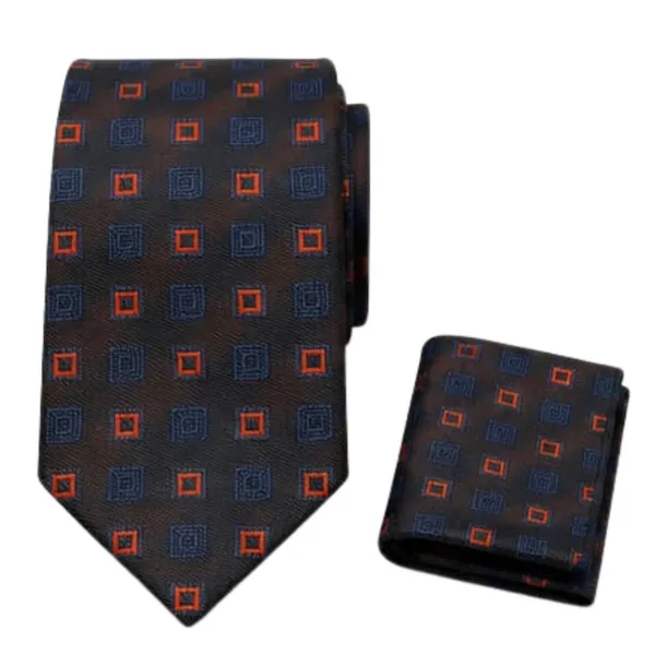 Calixto_Men’s_Luxury_Necktie_and_Pocket_Square_Set_–_Dark_Brown_Silk_Feel_Tie_with_Navy_Blue_&_Orange_Geometric_Square_Pattern_–_Classic_Business_Wedding_Party_Formal_Neck_Tie_Hanky_Set_for_Men