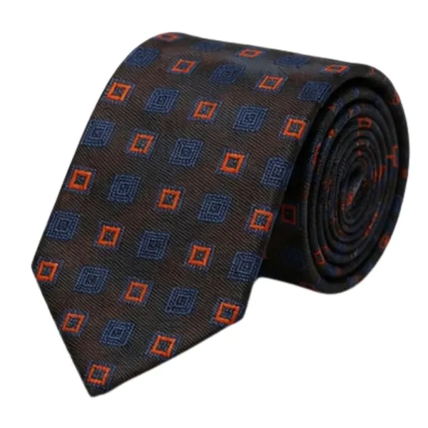 Calixto_Men’s_Luxury_Necktie_and_Pocket_Square_Set_–_Dark_Brown_Silk_Feel_Tie_with_Navy_Blue_&_Orange_Geometric_Square_Pattern_–_Classic_Business_Wedding_Party_Formal_Neck_Tie_Hanky_Set_for_Men