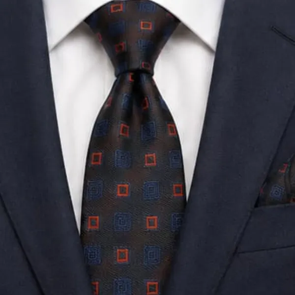Calixto_Men’s_Luxury_Necktie_and_Pocket_Square_Set_–_Dark_Brown_Silk_Feel_Tie_with_Navy_Blue_&_Orange_Geometric_Square_Pattern_–_Classic_Business_Wedding_Party_Formal_Neck_Tie_Hanky_Set_for_Men