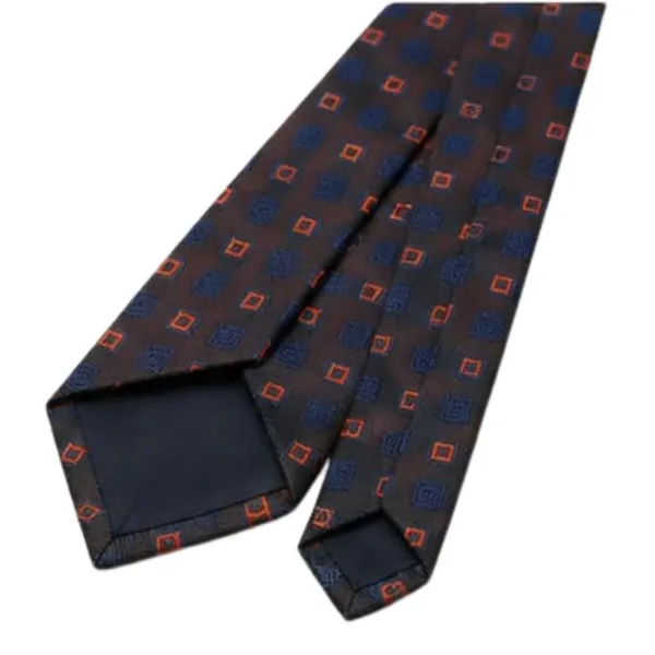 Calixto_Men’s_Luxury_Necktie_and_Pocket_Square_Set_–_Dark_Brown_Silk_Feel_Tie_with_Navy_Blue_&_Orange_Geometric_Square_Pattern_–_Classic_Business_Wedding_Party_Formal_Neck_Tie_Hanky_Set_for_Men