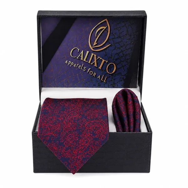 Calixto_Men's_Luxury_Paisley_Necktie_&_Pocket_Square_Gift_Set_–_Premium_Woven_Formal_Tie_Set_for_Men_–_Navy_Blue_&_Burgundy_Designer_Neck_Tie_–_Wedding,_Business,_Church,_Party,_Graduation