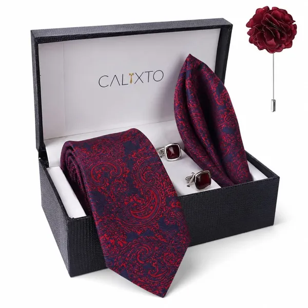 Calixto_Men's_Luxury_Tie_Gift_Set_with_Pocket_Square,_Cufflinks_&_Lapel_Flower_Pin_–_Premium_Woven_Paisley_Necktie_Set_in_Navy_Blue_&_Burgundy_–_Formal_Wedding,_Business_&_Party_Accessories_Gift_Box