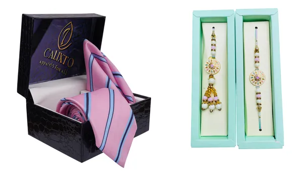 Calixto_Men's_Microfibre_Strips_Designer_Necktie_With_Pocket_Square_(Leatharite_Gift_Box)_with_Designer_Naksh_Rakhi
