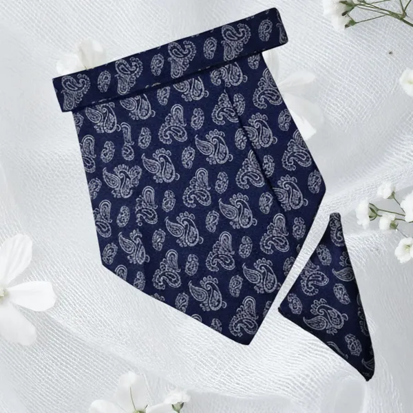 Calixto_Men’s_Navy_Blue_Paisley_Cravat_Ascot_Tie_and_Pocket_Square_Set_–_Classic_Formal_Wedding_Day_Cravat_Necktie_for_Men,_Vintage_Gentleman_Party_Dress_Accessory