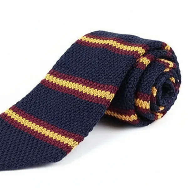 Calixto_Men’s_Navy_Blue_Striped_Knit_Tie_–_Slim_Knitted_Necktie_with_Yellow_&_Burgundy_Stripes_–_Classic_Textured_Woven_Tie_for_Business,_Wedding,_Office_&_Casual_Wear_–_Stylish_Knit_Neck_Tie_for_Men