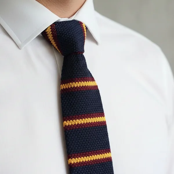 Calixto_Men’s_Navy_Blue_Striped_Knit_Tie_–_Slim_Knitted_Necktie_with_Yellow_&_Burgundy_Stripes_–_Classic_Textured_Woven_Tie_for_Business,_Wedding,_Office_&_Casual_Wear_–_Stylish_Knit_Neck_Tie_for_Men