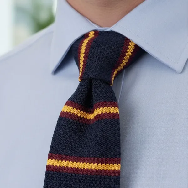 Calixto_Men’s_Navy_Blue_Striped_Knit_Tie_–_Slim_Knitted_Necktie_with_Yellow_&_Burgundy_Stripes_–_Classic_Textured_Woven_Tie_for_Business,_Wedding,_Office_&_Casual_Wear_–_Stylish_Knit_Neck_Tie_for_Men