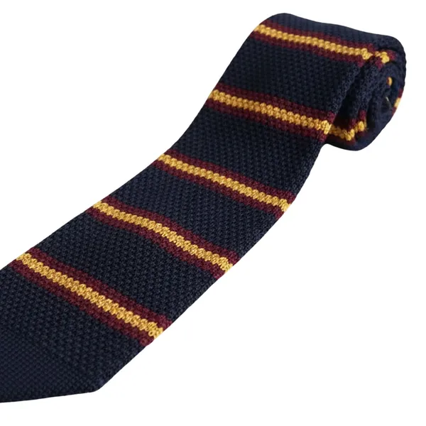 Calixto_Men’s_Navy_Blue_Striped_Knit_Tie_–_Slim_Knitted_Necktie_with_Yellow_&_Burgundy_Stripes_–_Classic_Textured_Woven_Tie_for_Business,_Wedding,_Office_&_Casual_Wear_–_Stylish_Knit_Neck_Tie_for_Men